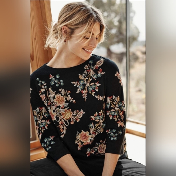 J.Jill Luxurious Valley Flowers Embroidered Knit Top Black Grandma Core XS P - Picture 1 of 8
